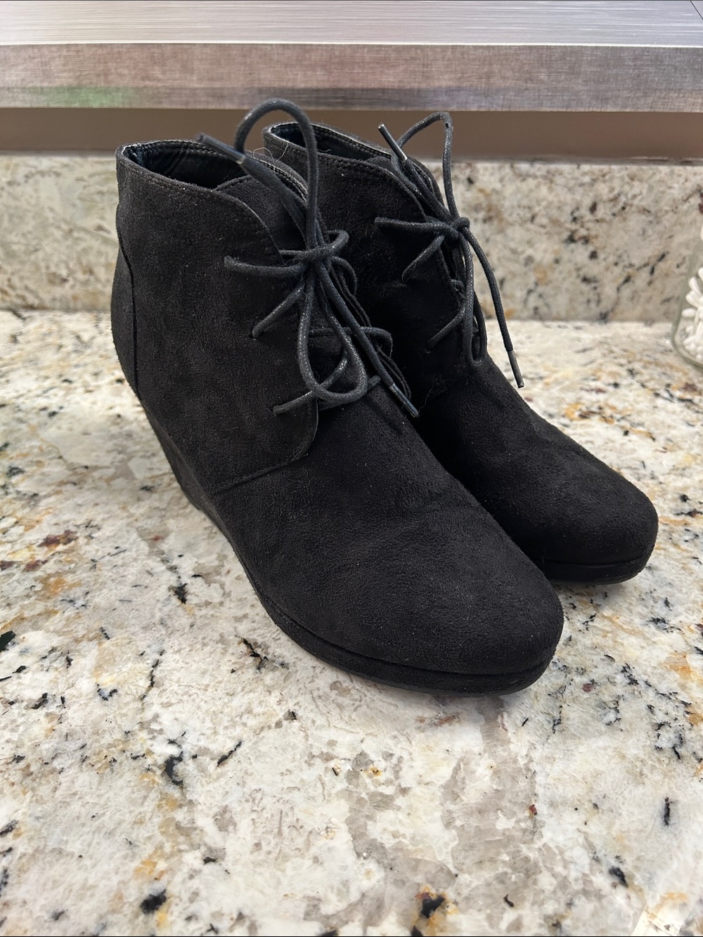 Black Suede Lace-Up Wedge Ankle Boots - Women